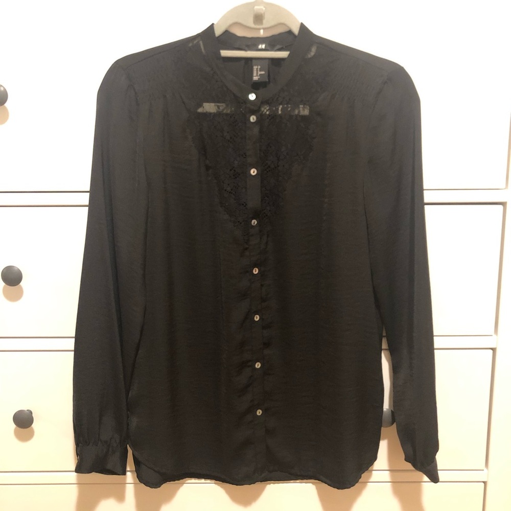 H&M Black Button Down Blouse with Lace Detail